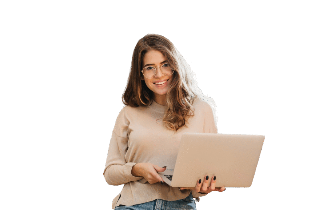 estudiante elegante vasos posando placer sosteniendo portatil